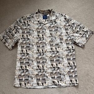 Trust Linen Blend Camp Shirt Mens Sz XXL Brown Button Front Loop Collar Abstract